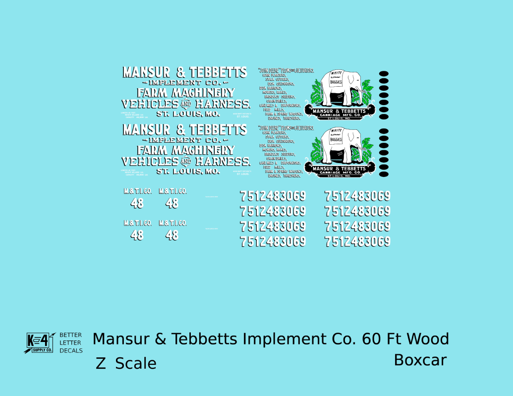 Mansur & Tebbetts Implement Co 60 Ft Billboard Boxcar White & Black
