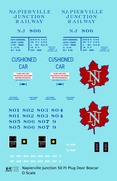 Napierville Junction Railway 50 Ft Plug Door Boxcar Blue and Red  - Decal Sheet