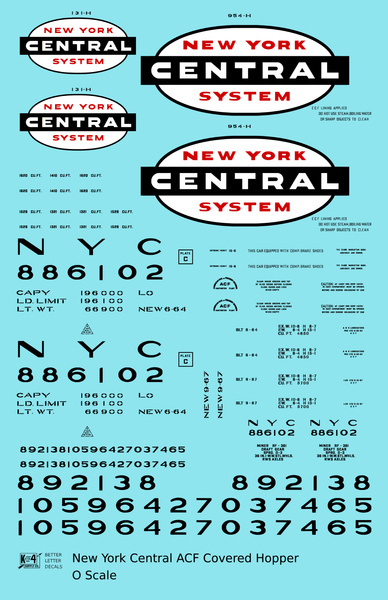 New York Central ACF Covered Hopper Black White and Red  - Decal Sheet