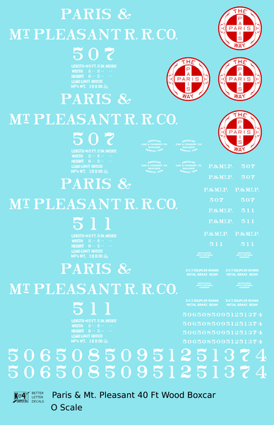 Paris and Mt Pleasant Railroad 40 Ft Wood Boxcar White and Red Texas - Decal Sheet