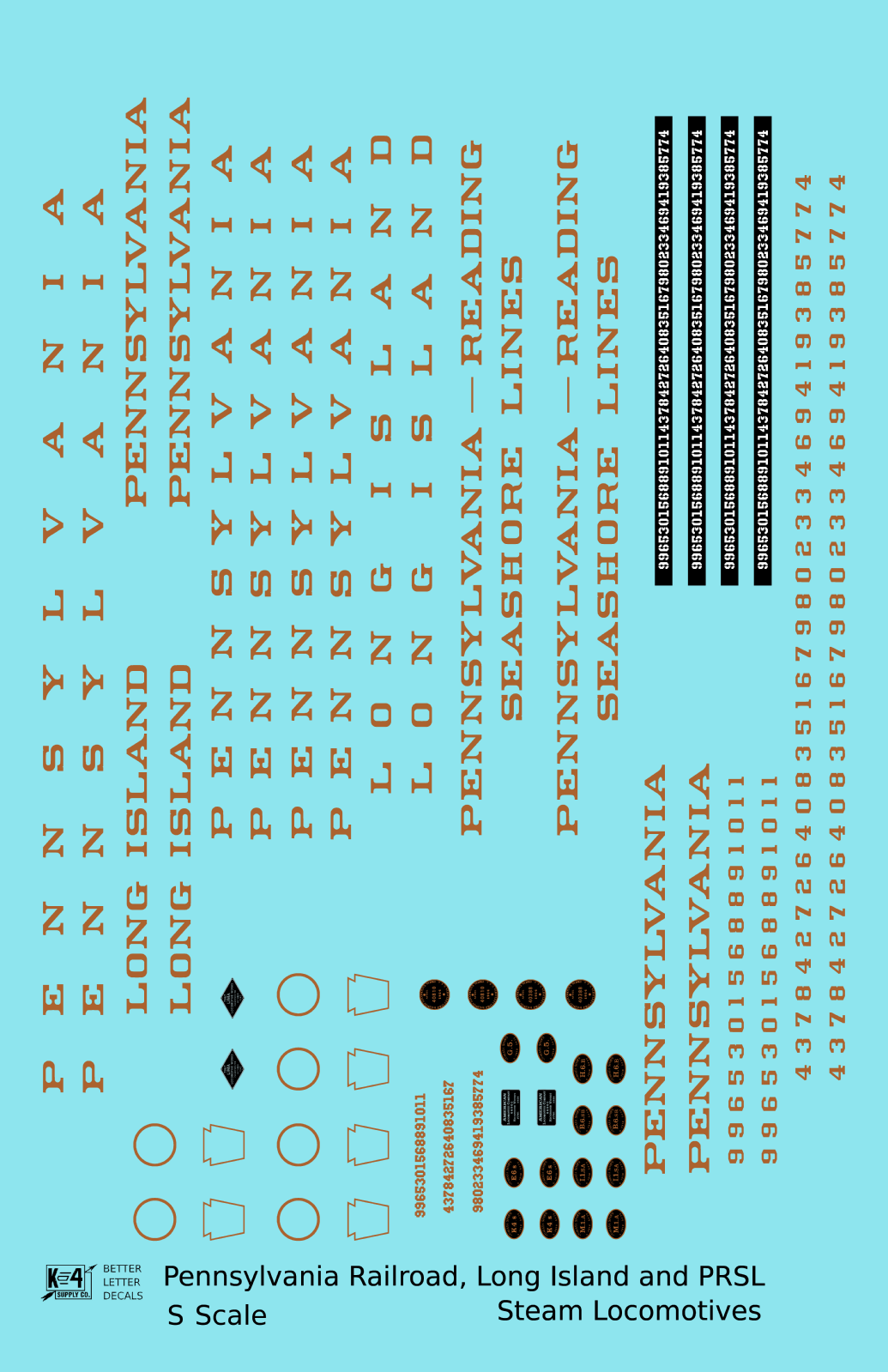 Pennsylvania Railroad, Long Island, PRSL Steam Locomotive Bronze Gold  - Decal - Choose Scale