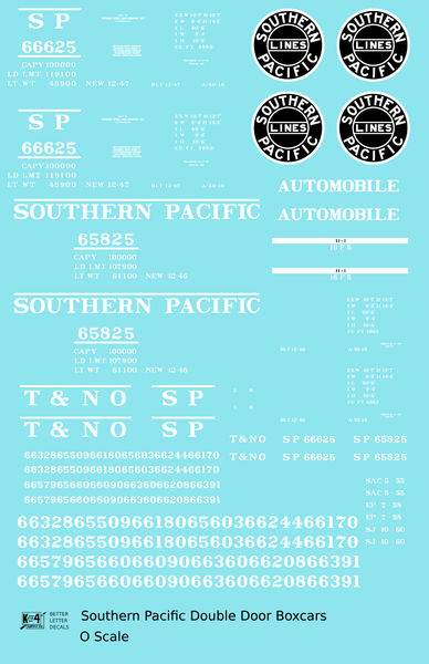 Southern Pacific Double Door Boxcar White and Black  - Decal Sheet