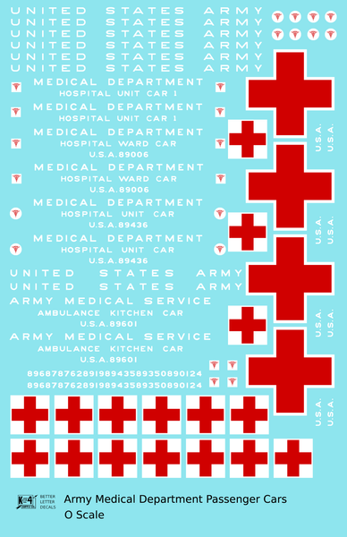 US Army Medical Department Hospital Passenger Car White and Red  - Decal Sheet