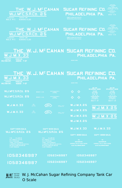 W.J. McCahan Sugar Tank Car White Philadelphia - Decal Sheet